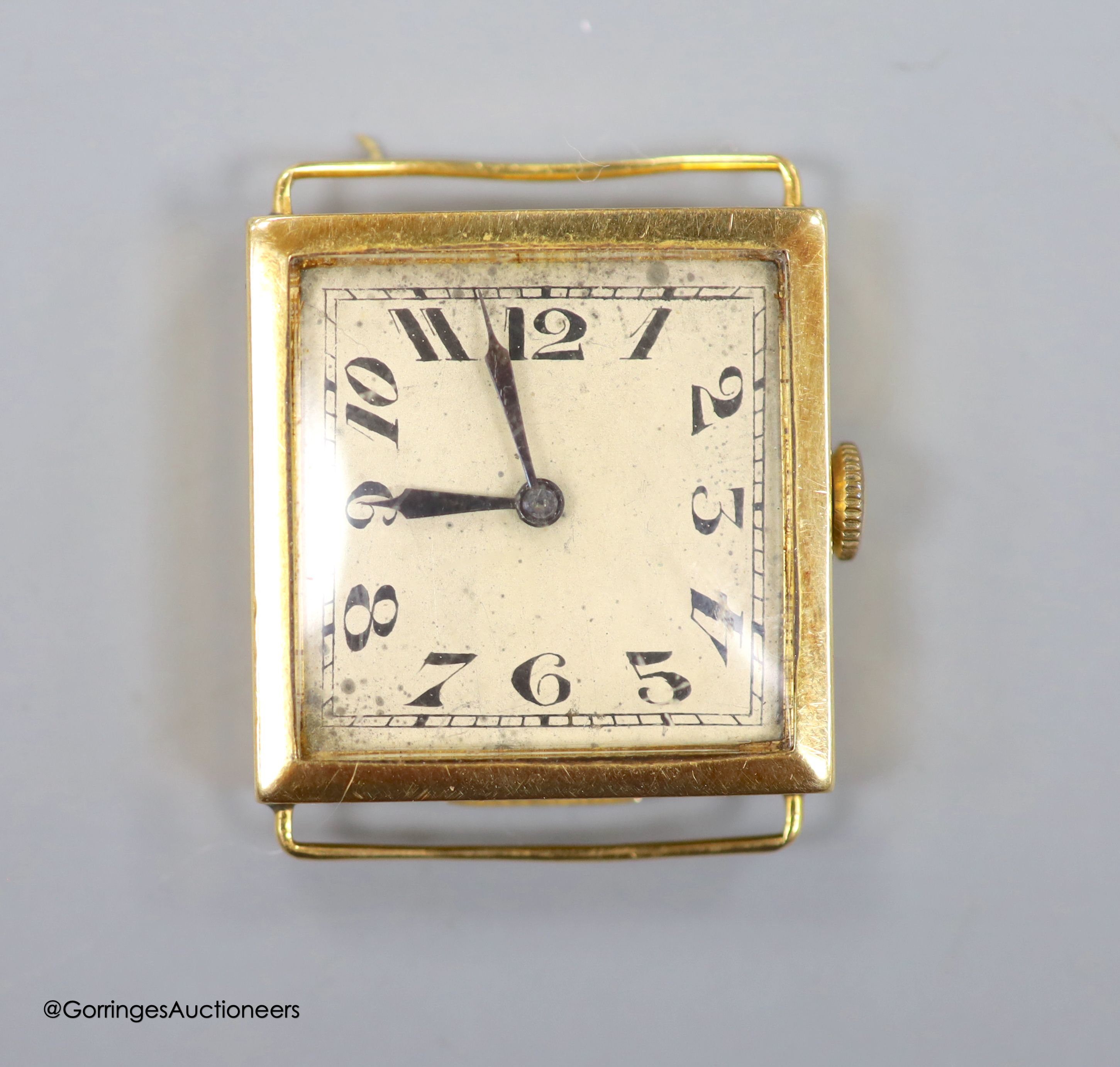 A 1920's 18ct gold square cased manual wind wrist watch, no strap, case diameter 26mm ex. crown, gross weight 23 grams.